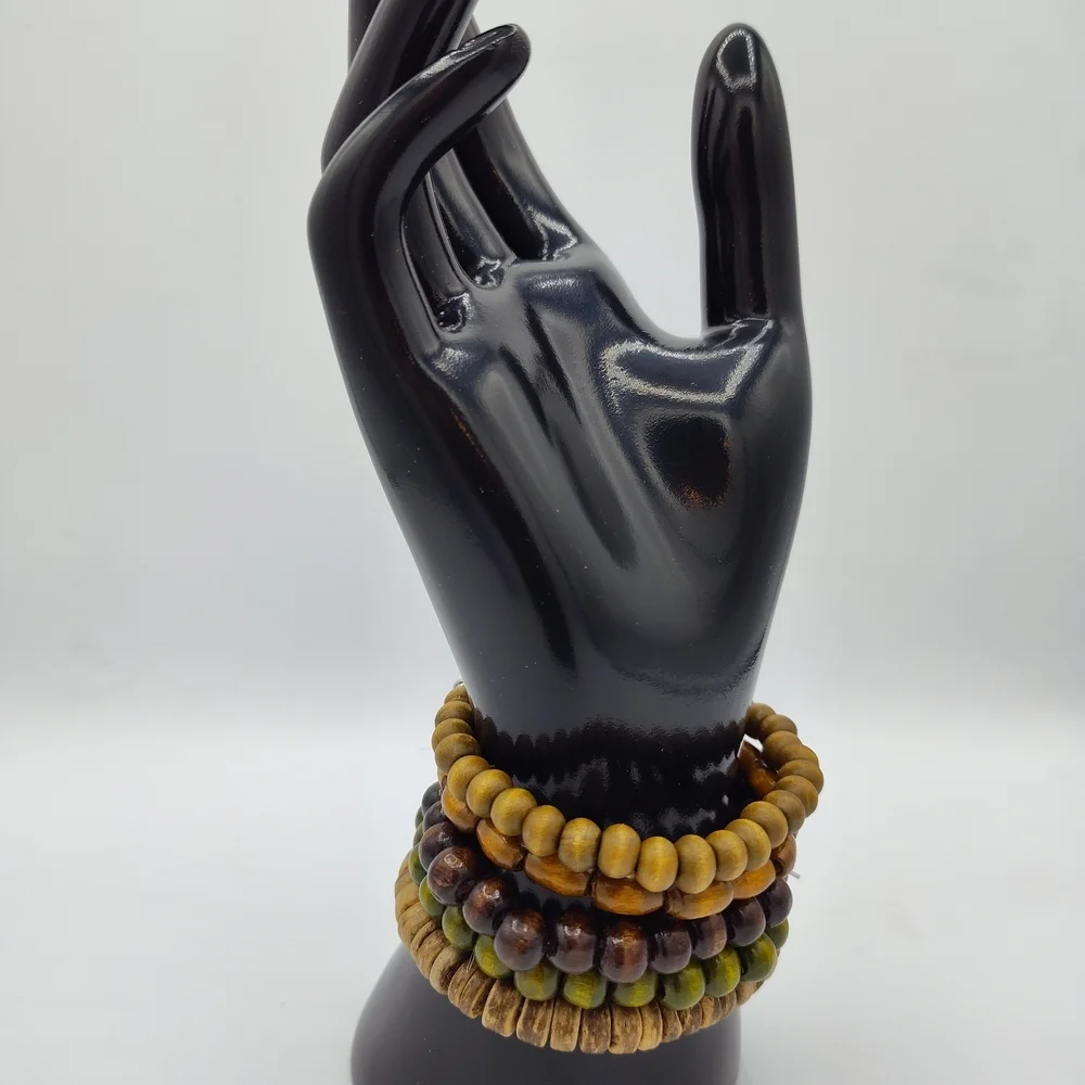 Hamsa Beaded 5-piece Bracelet Set with Turquoise & Silver Feather Dangle Detail - Picture 3 of 4